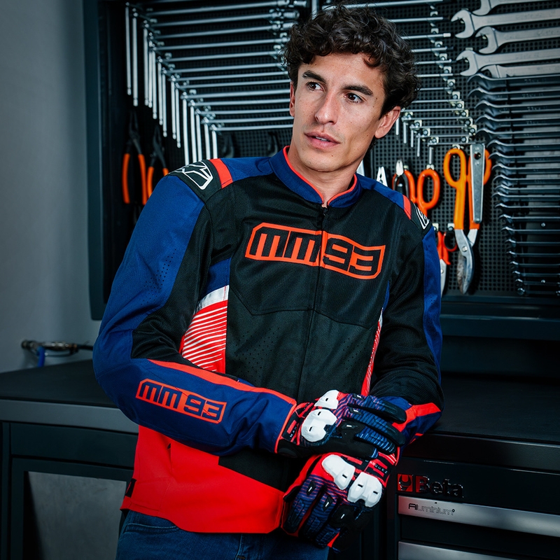 Bunda na motocykel Alpinestars T-SPS Air V2 MM93 kolekcia fluorescenčno červeno-modro-čierno-biela