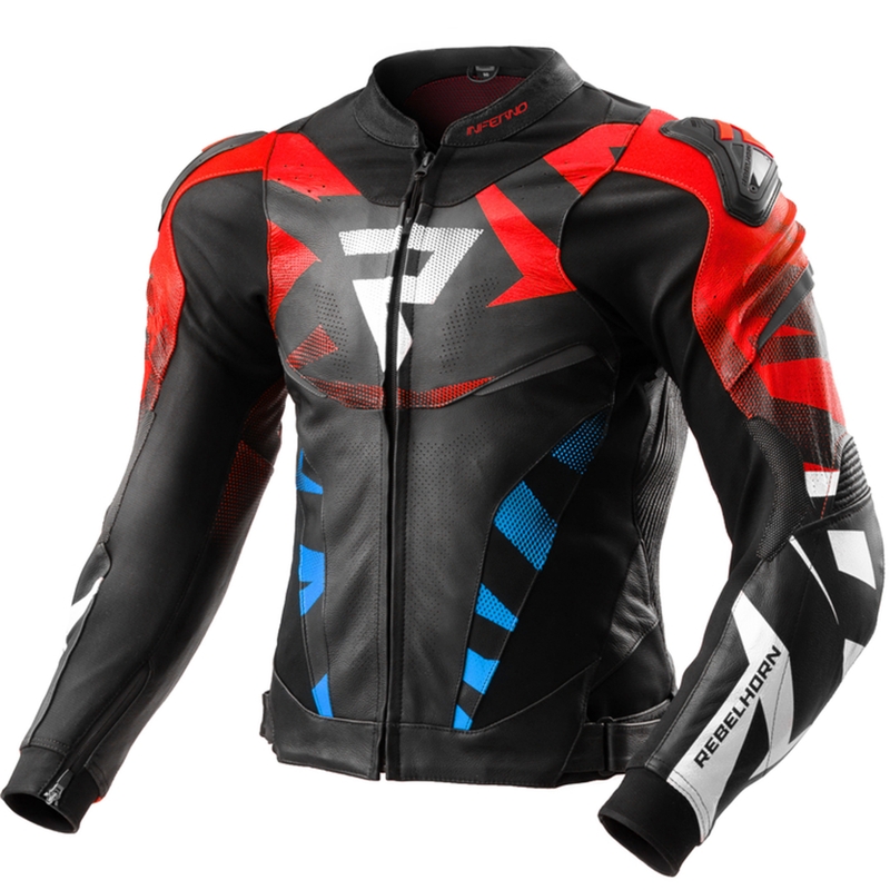 Kožená bunda na motorku Rebelhorn Inferno čierno-modro-bielo-červená
