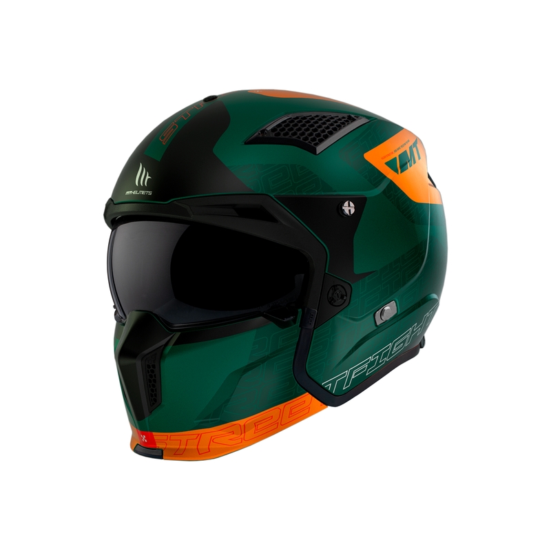 Otvorená prilba s maskou MT Streetfighter SV Totem C6 čierno-oranžovo-zelená s iridiovým plexi