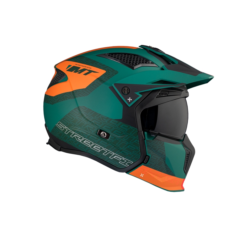 Otvorená prilba s maskou MT Streetfighter SV Totem C6 čierno-oranžovo-zelená s iridiovým plexi