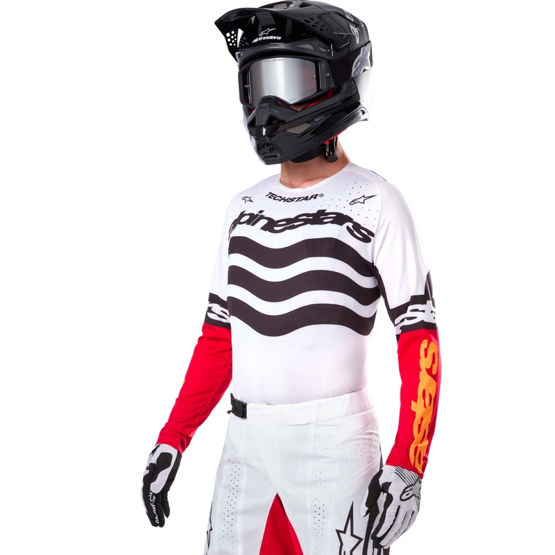 Motokrosový dres Alpinestars Techstar limitovaná edícia Deep čierno-bielo-fluo červeno-oranžový