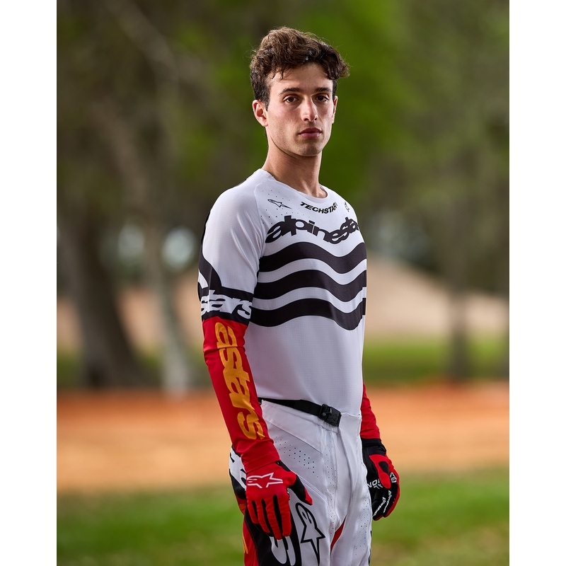 Motokrosový dres Alpinestars Techstar limitovaná edícia Deep čierno-bielo-fluo červeno-oranžový