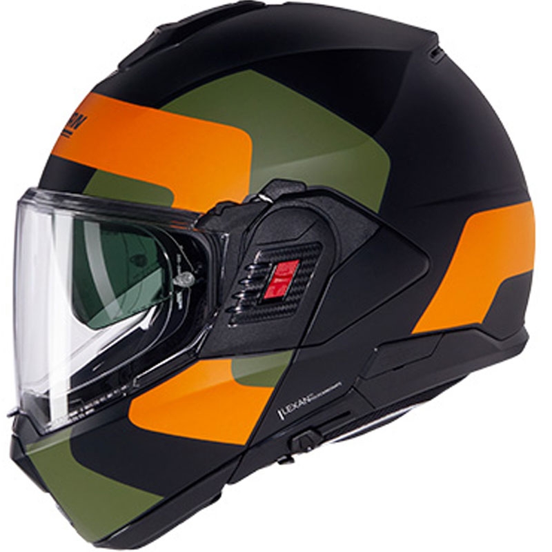 Preklápacia helma na motorku Nolan N120-1 Omocromo N-COM 345 čierno-oranžovo-zelená