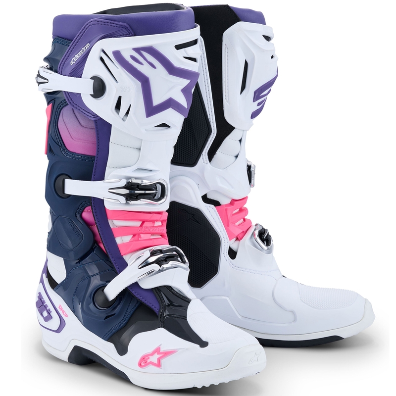 Čižmy na motocykel Alpinestars Tech 10 bielo-fialovo-modro-fluorescenčno ružové
