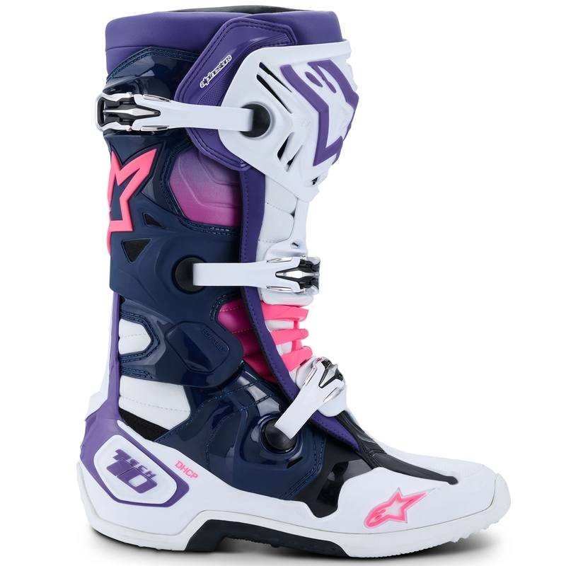 Čižmy na motocykel Alpinestars Tech 10 bielo-fialovo-modro-fluorescenčno ružové
