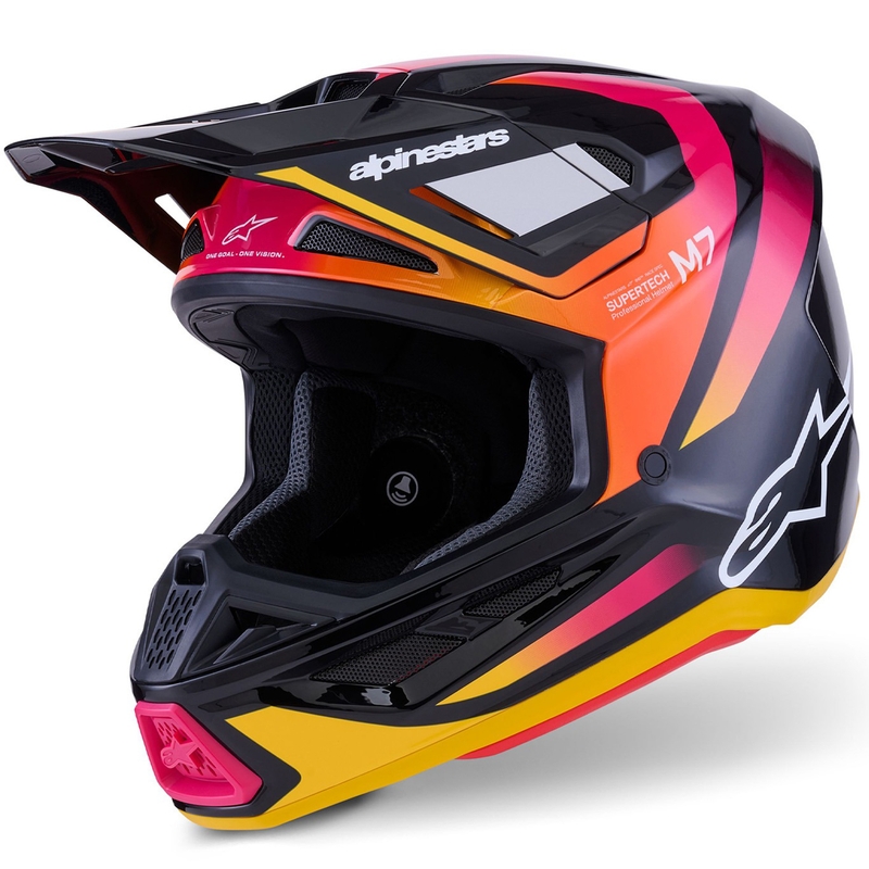 Motokrosová prilba Alpinestars SM7 Rise čierno-žlto-fluorescenčno ružová