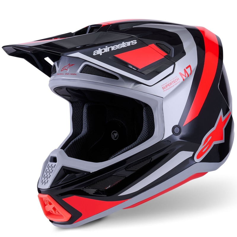 Motokrosová prilba Alpinestars SM7 Rise čierno-strieborno-fluorescenčno červená