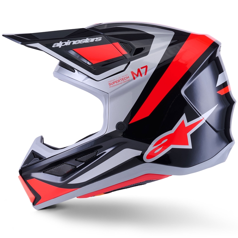 Motokrosová prilba Alpinestars SM7 Rise čierno-strieborno-fluorescenčno červená