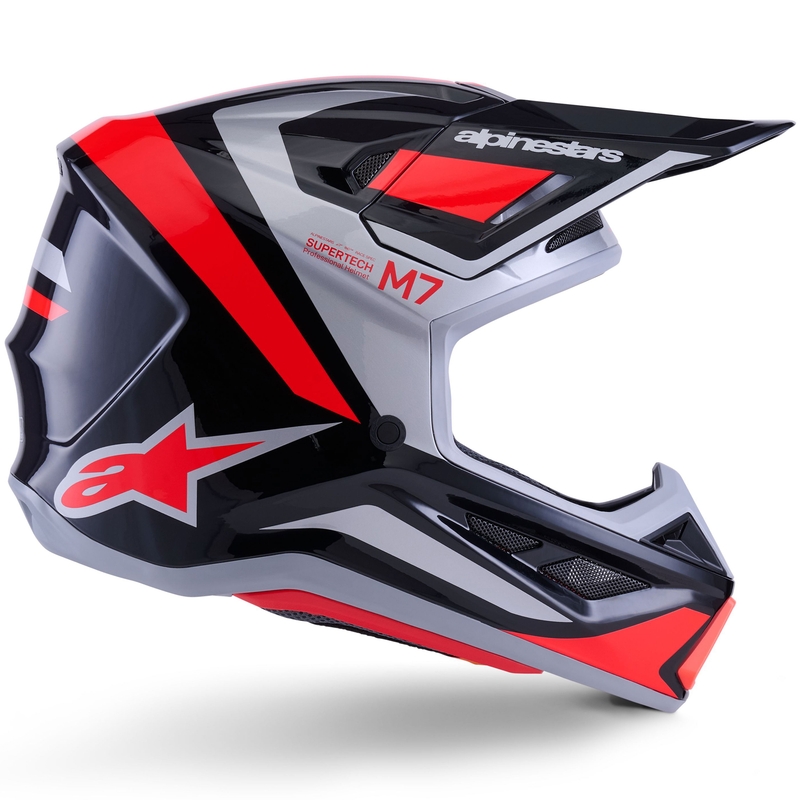Motokrosová prilba Alpinestars SM7 Rise čierno-strieborno-fluorescenčno červená