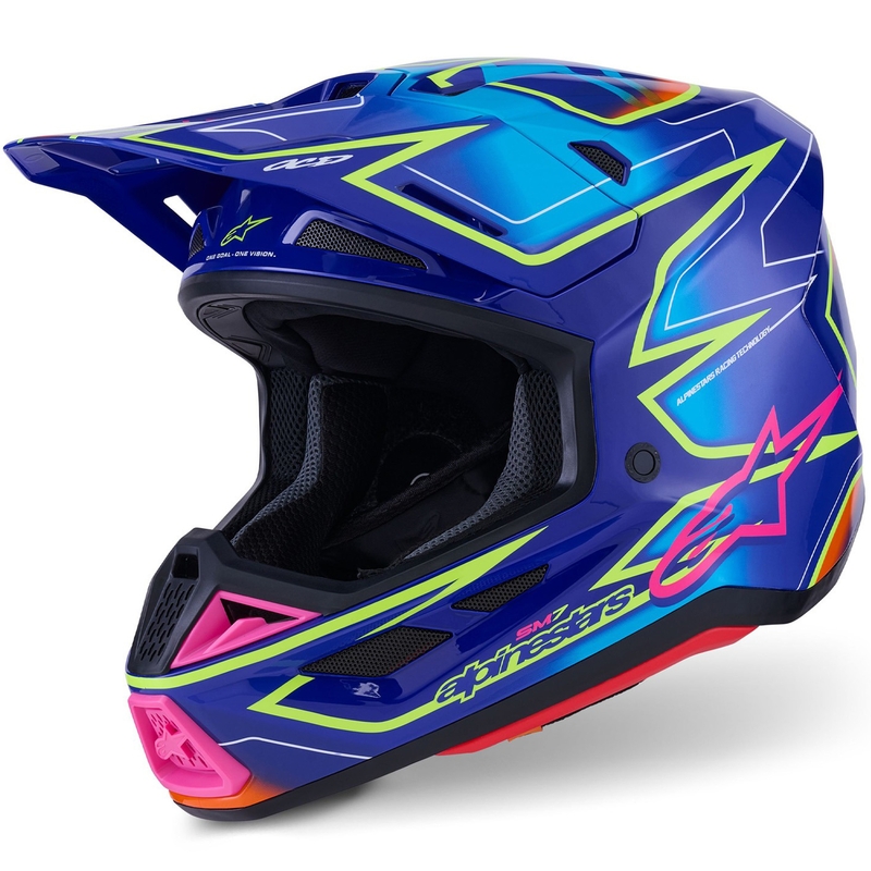 Motokrosová prilba Alpinestars SM7 Cast modro-ružovo-fluorescenčno žltá