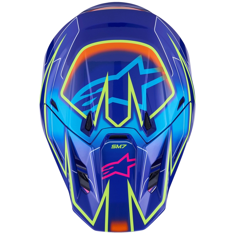 Motokrosová prilba Alpinestars SM7 Cast modro-ružovo-fluorescenčno žltá