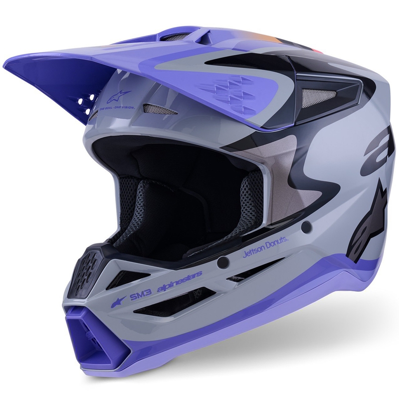 Detská motokrosová prilba Alpinestars S-M3 edícia JETT LAWRENCE šedo-fialovo-čierna