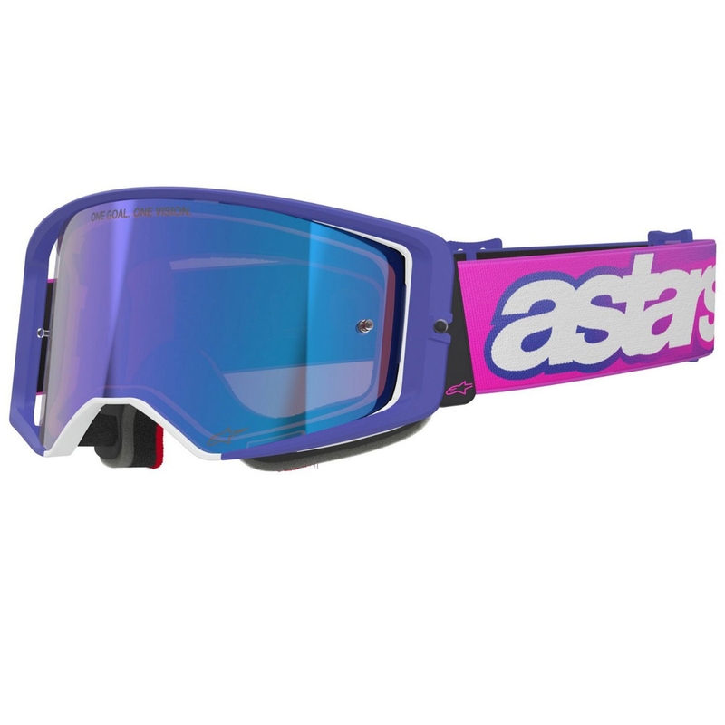 Motokrosové okuliare Alpinestars Supertech Vision Vista fialovo-fluorescenčno ružové so zrkadlovým modrým priezorom