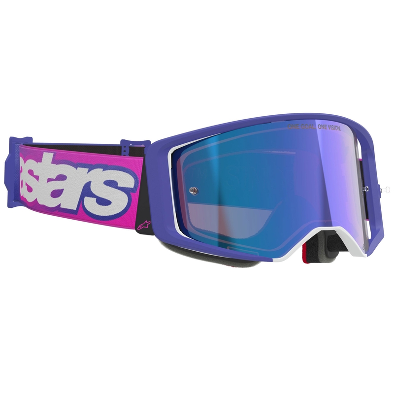 Motokrosové okuliare Alpinestars Supertech Vision Vista fialovo-fluorescenčno ružové so zrkadlovým modrým priezorom
