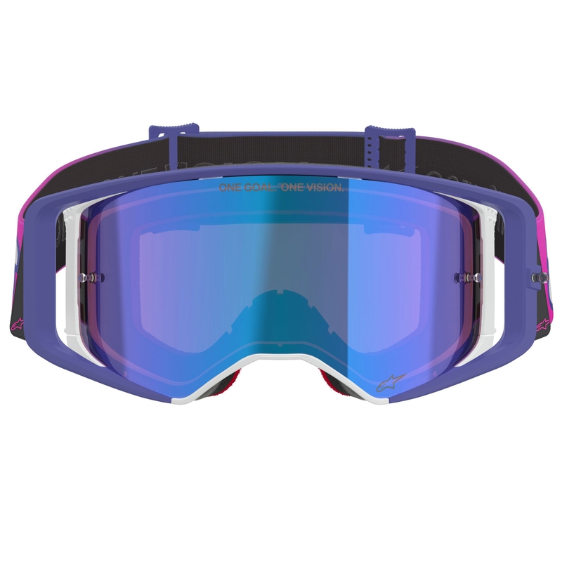 Motokrosové okuliare Alpinestars Supertech Vision Vista fialovo-fluorescenčno ružové so zrkadlovým modrým priezorom