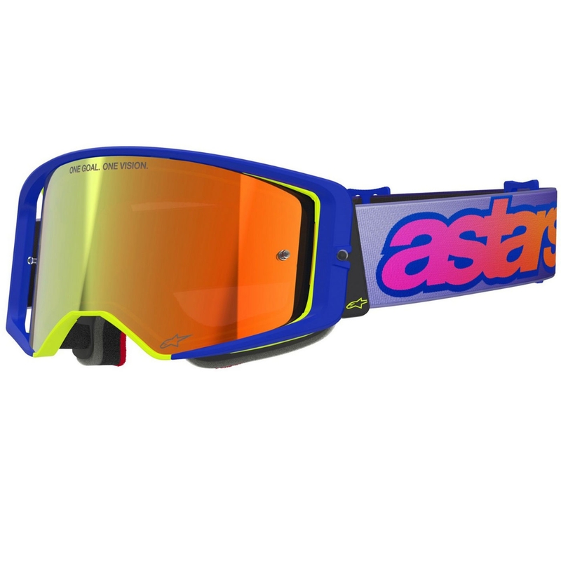 Motokrosové okuliare Alpinestars Supertech Vision Vista modro-žlto-fialové so zrkadlovým červeným zorníkom