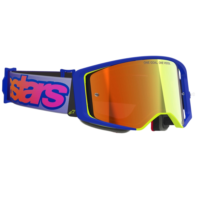 Motokrosové okuliare Alpinestars Supertech Vision Vista modro-žlto-fialové so zrkadlovým červeným zorníkom