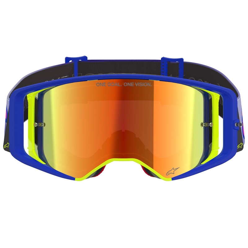 Motokrosové okuliare Alpinestars Supertech Vision Vista modro-žlto-fialové so zrkadlovým červeným zorníkom