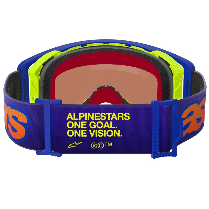 Motokrosové okuliare Alpinestars Supertech Vision Vista modro-žlto-fialové so zrkadlovým červeným zorníkom