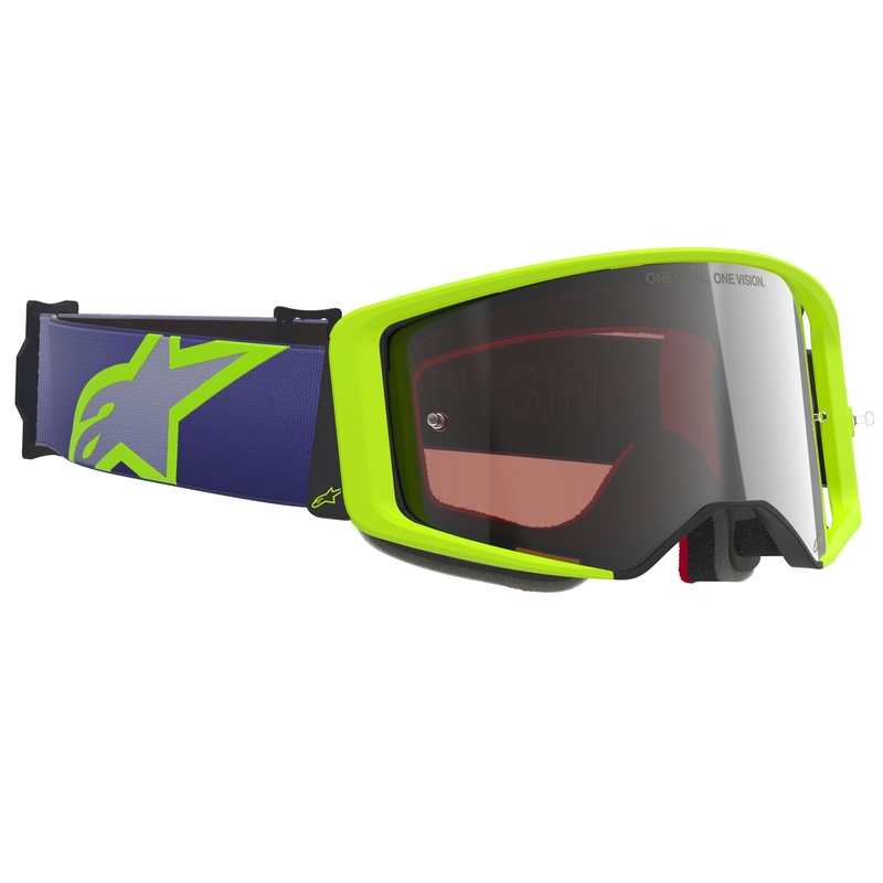 Motokrosové okuliare Alpinestars Supertech Vision Corp fialovo-žlté so zrkadlovým strieborným zorníkom