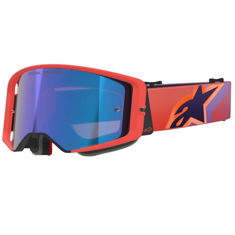 Motokrosové okuliare Alpinestars Supertech Vision Corp oranžovo-fialové so zrkadlovým modrým priezorom