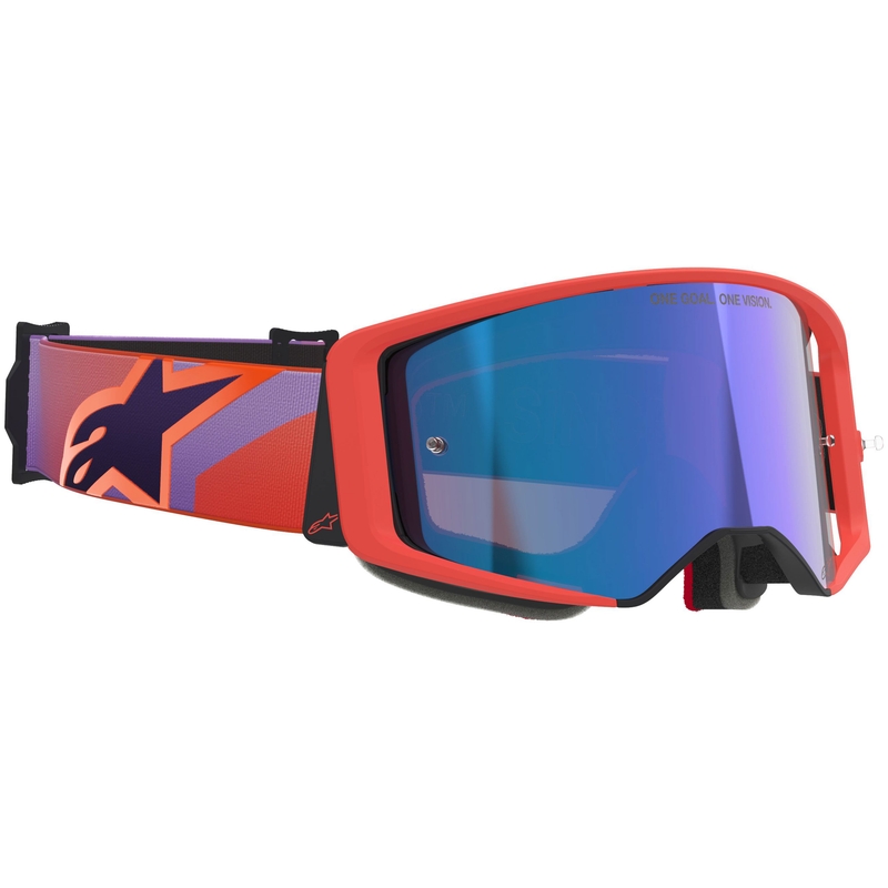 Motokrosové okuliare Alpinestars Supertech Vision Corp oranžovo-fialové so zrkadlovým modrým priezorom