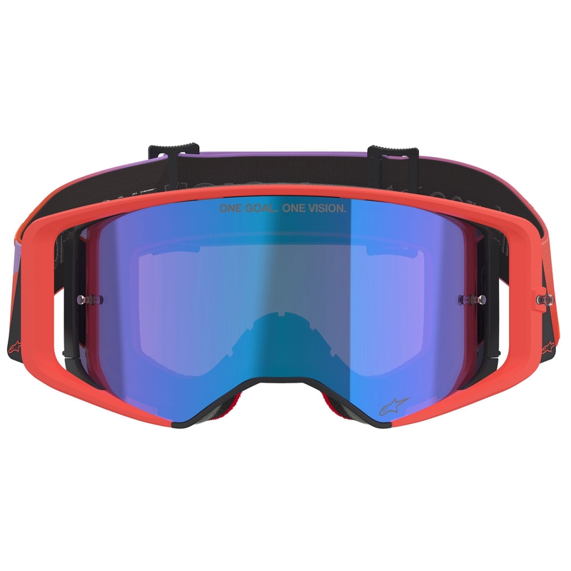 Motokrosové okuliare Alpinestars Supertech Vision Corp oranžovo-fialové so zrkadlovým modrým priezorom