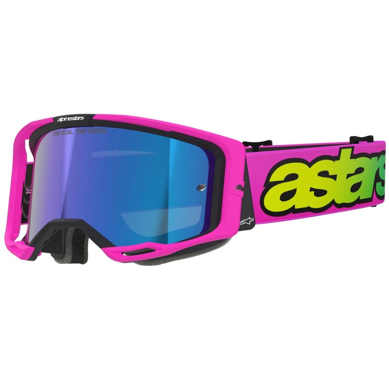 Motokrosové okuliare Alpinestars Vision 8 Vista fluorescenčno ružovo-fluorescenčno žlto-zelené so zrkadlovým modrým priezorom