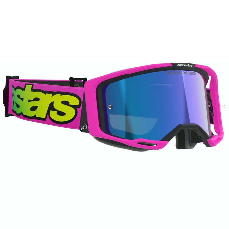 Motokrosové okuliare Alpinestars Vision 8 Vista fluorescenčno ružovo-fluorescenčno žlto-zelené so zrkadlovým modrým priezorom