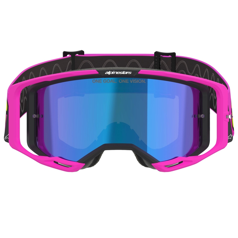 Motokrosové okuliare Alpinestars Vision 8 Vista fluorescenčno ružovo-fluorescenčno žlto-zelené so zrkadlovým modrým priezorom