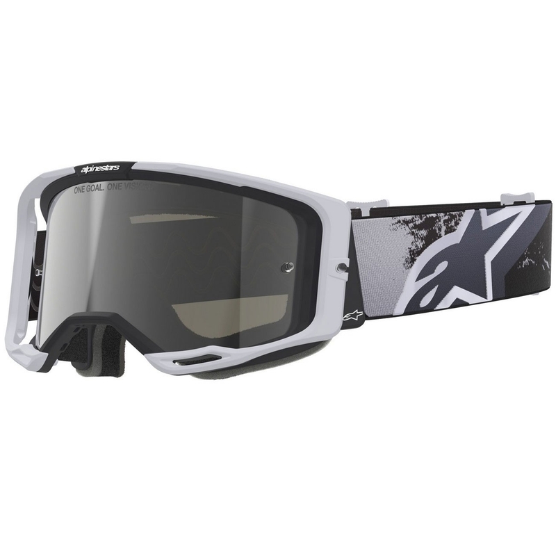 Motokrosové okuliare Alpinestars Supertech Vision 8 Lahnd bielo-čierne so zrkadlovým strieborným priezorom