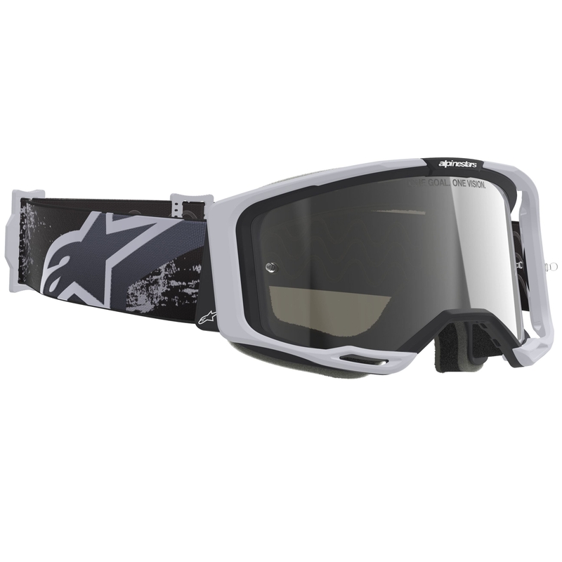 Motokrosové okuliare Alpinestars Supertech Vision 8 Lahnd bielo-čierne so zrkadlovým strieborným priezorom