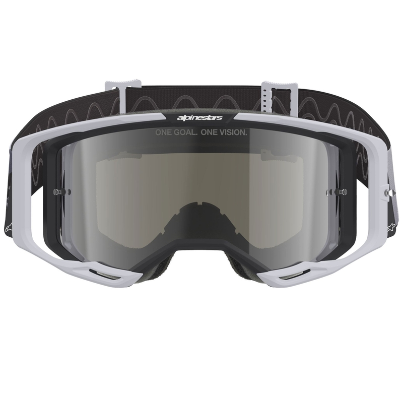 Motokrosové okuliare Alpinestars Supertech Vision 8 Lahnd bielo-čierne so zrkadlovým strieborným priezorom