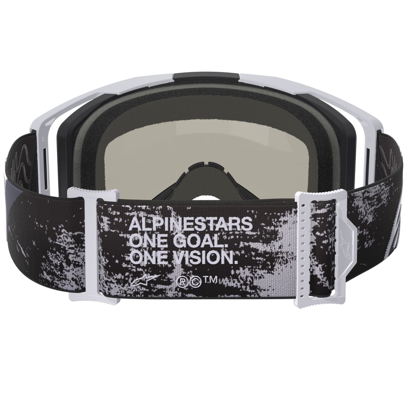 Motokrosové okuliare Alpinestars Supertech Vision 8 Lahnd bielo-čierne so zrkadlovým strieborným priezorom