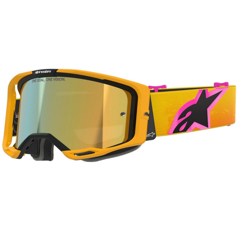Motokrosové okuliare Alpinestars Vision 8 Corp oranžovo-žlto-ružové so zrkadlovým zlatým priezorom
