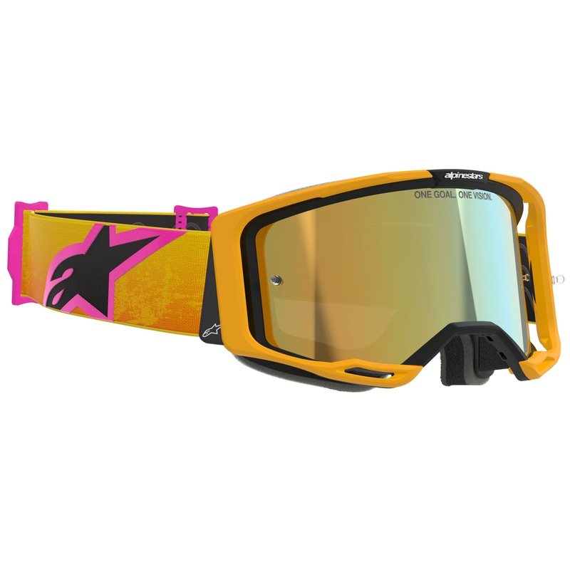 Motokrosové okuliare Alpinestars Vision 8 Corp oranžovo-žlto-ružové so zrkadlovým zlatým priezorom