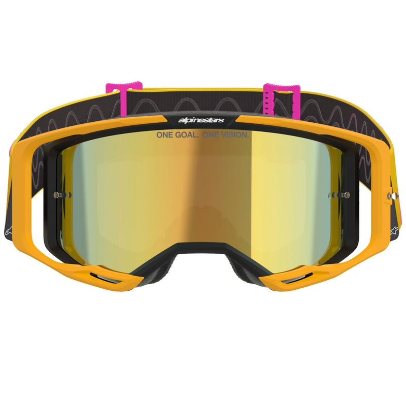 Motokrosové okuliare Alpinestars Vision 8 Corp oranžovo-žlto-ružové so zrkadlovým zlatým priezorom