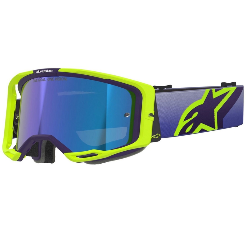 Motokrosové okuliare Alpinestars Vision 8 Corp fluo žlto-fialové so zrkadlovým modrým zorníkom
