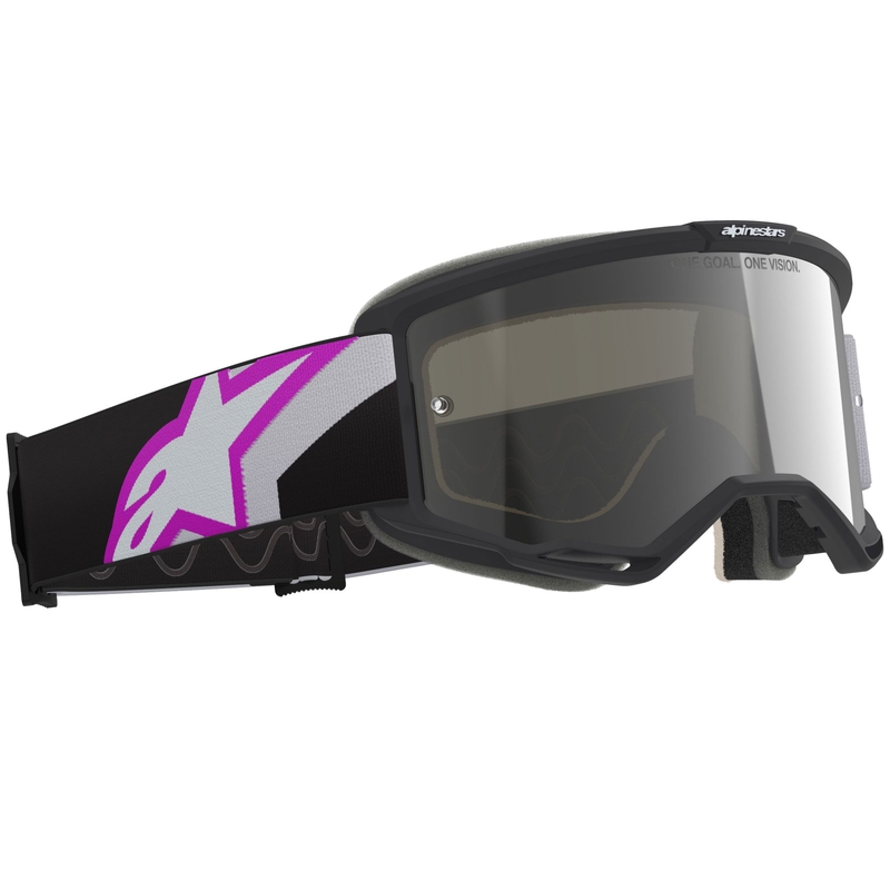 Motokrosové okuliare Alpinestars Vision 5 Corp čierno-šedo-fialovo-biele so zrkadlovým strieborným priezorom