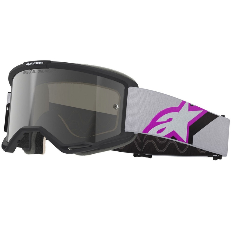 Motokrosové okuliare Alpinestars Vision 5 Corp čierno-šedo-fialovo-biele so zrkadlovým strieborným priezorom