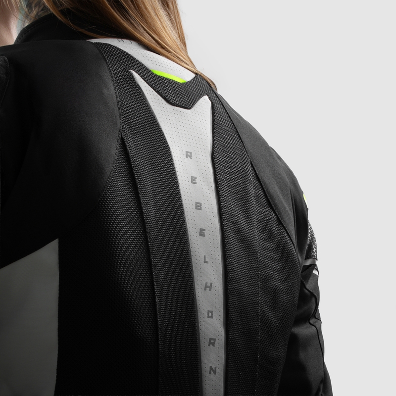 Dámska bunda na motocykel Rebelhorn Hiflow V čierno-šedo-fluorescenčno žltá