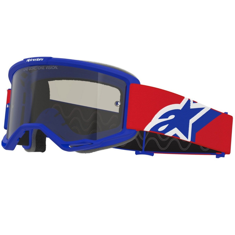 Motokrosové okuliare Alpinestars Vision Sand modro-červeno-biele s tmavým priezorom