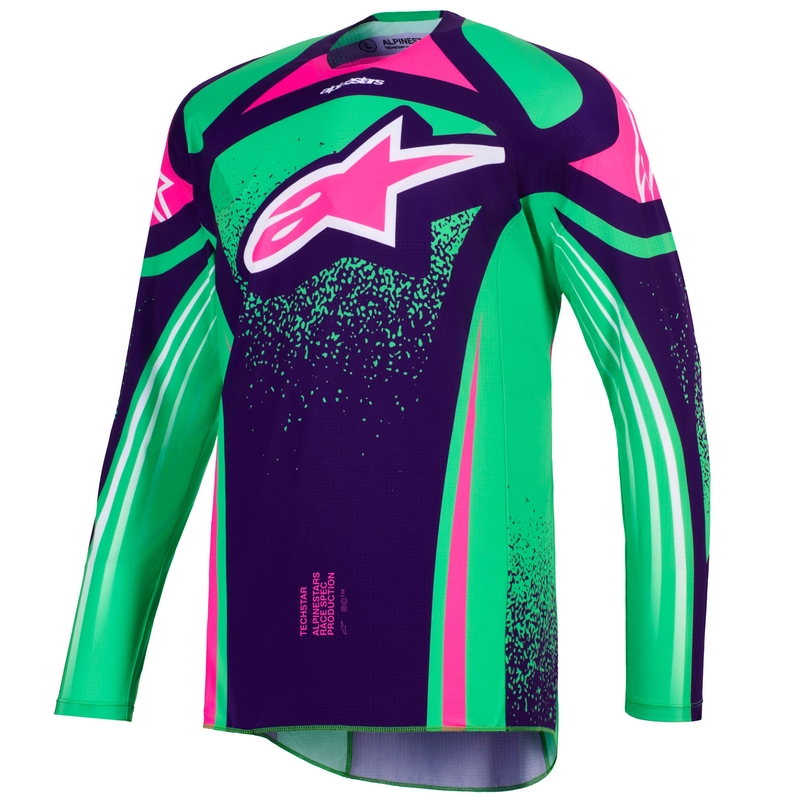Motokrosový dres Alpinestars Techstar Nomur tmavo fialovo-zeleno-fluorescenčno ružový