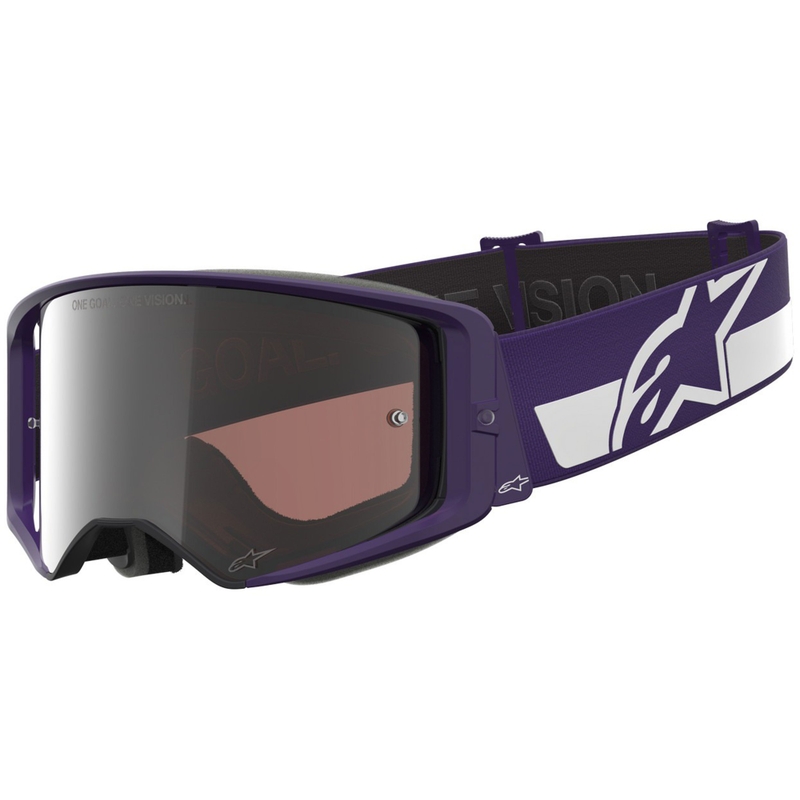 Motokrosové okuliare Alpinestars Supertech Vision Hunta96 XXV fialovo-biele so zrkadlovo strieborným plexi