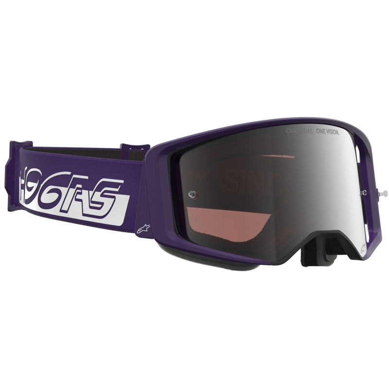 Motokrosové okuliare Alpinestars Supertech Vision Hunta96 XXV fialovo-biele so zrkadlovo strieborným plexi