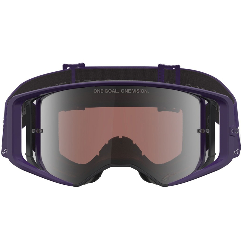 Motokrosové okuliare Alpinestars Supertech Vision Hunta96 XXV fialovo-biele so zrkadlovo strieborným plexi