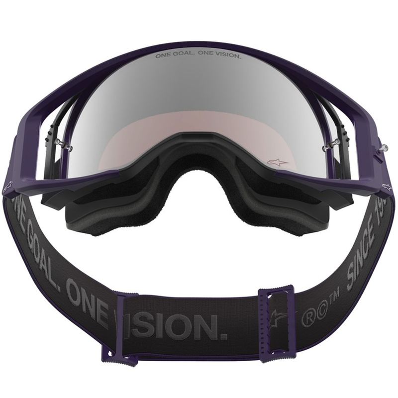 Motokrosové okuliare Alpinestars Supertech Vision Hunta96 XXV fialovo-biele so zrkadlovo strieborným plexi