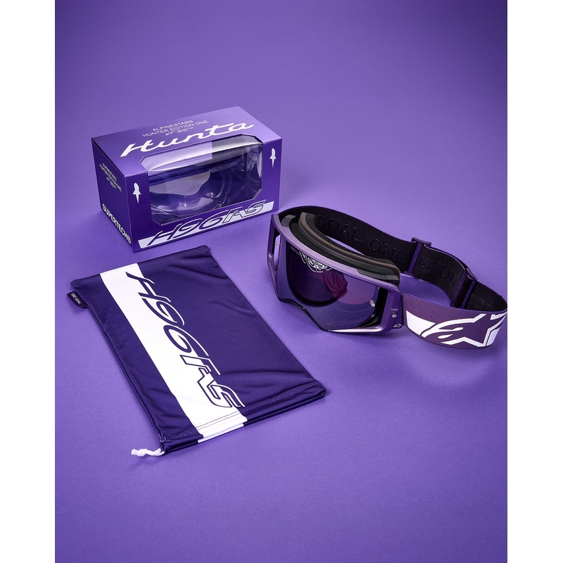 Motokrosové okuliare Alpinestars Supertech Vision Hunta96 XXV fialovo-biele so zrkadlovo strieborným plexi