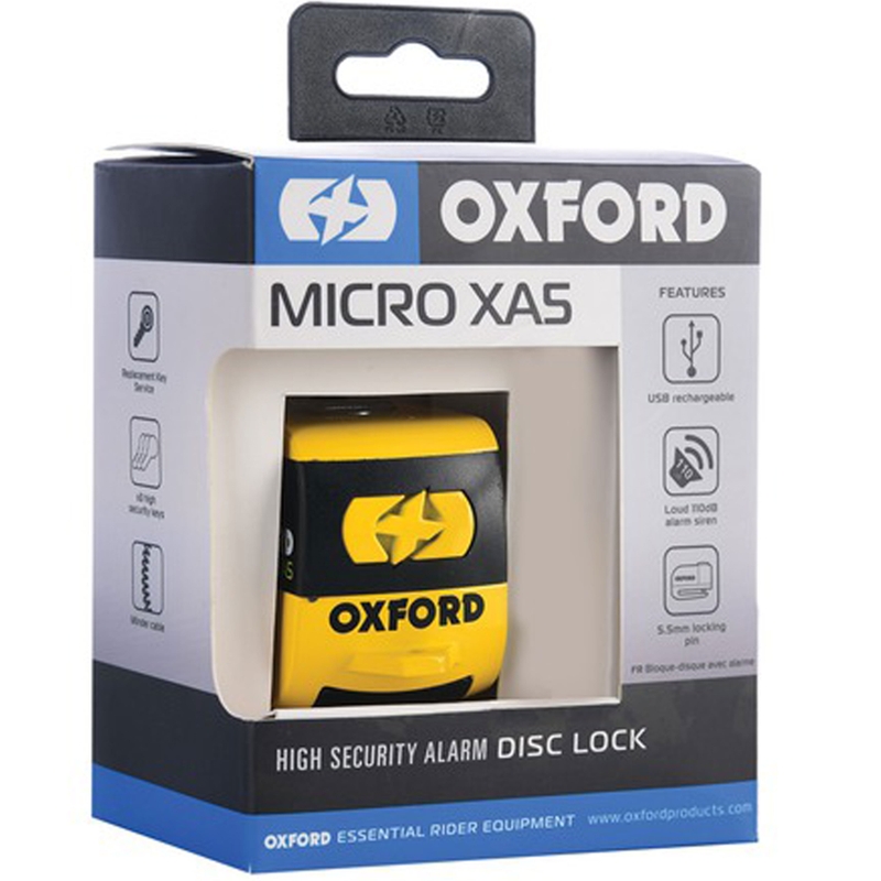 Zámok kotúčovej brzdy Oxford Micro XA5 s integrovaným alarmom žlto-čierny