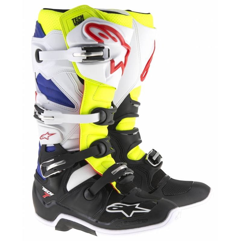 Vysoké čižmy na motocykel Alpinestars Tech 7 bielo-čierno-modro-červeno-fluorescenčno žlté